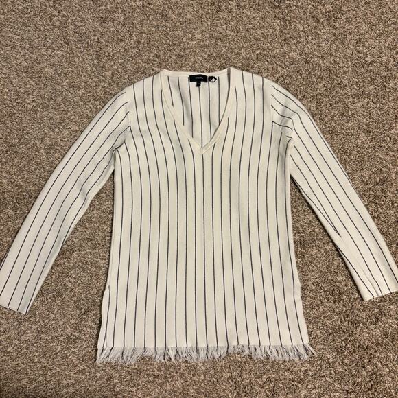 Theory Hayden O Reverie V-Neck Stripe Fringe Pullover Sweater - Picture 3 of 9